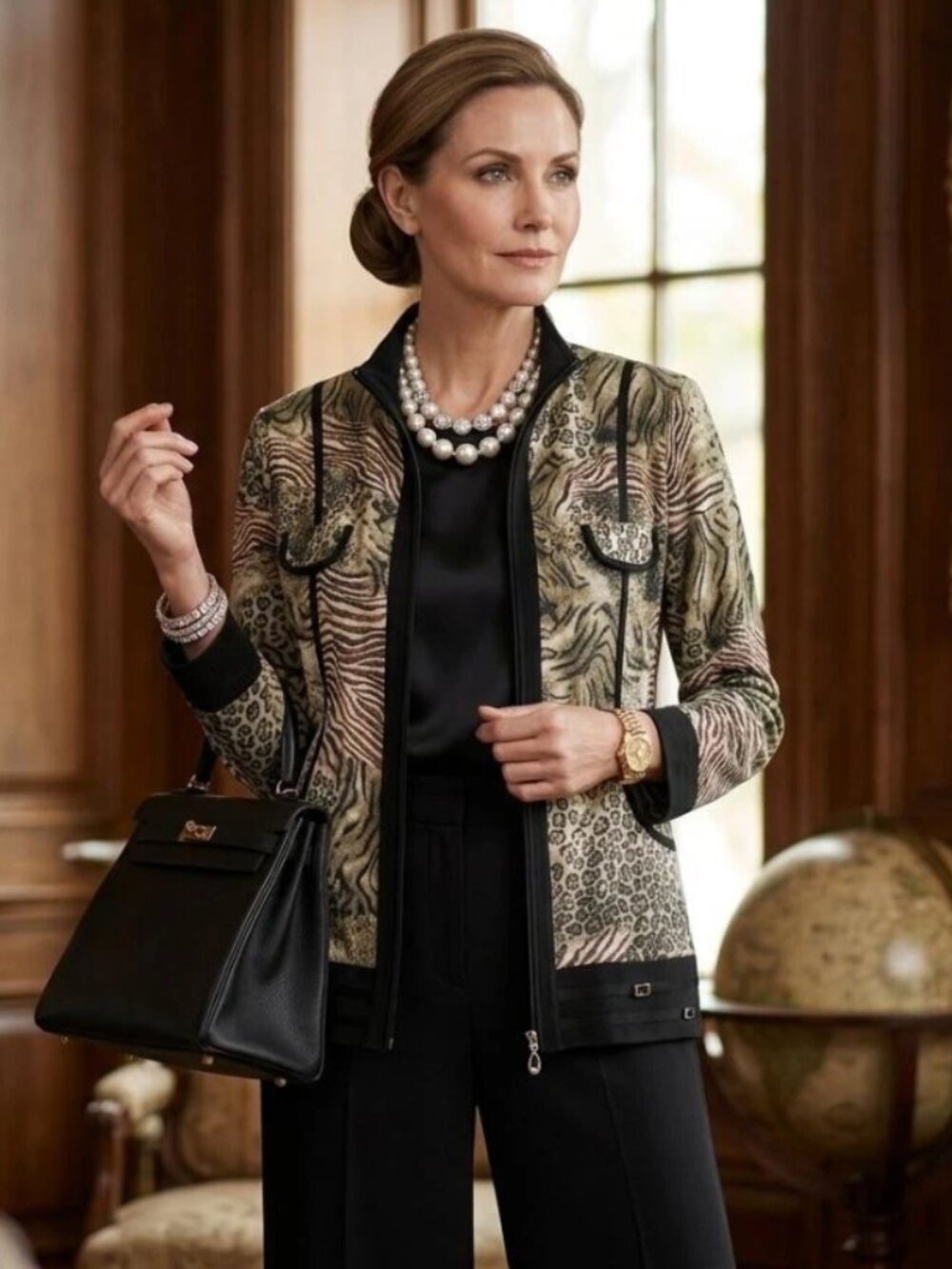 Misook Animal Print Zip Up Jacket Womens Size S Preppy Career Wear Party Evening